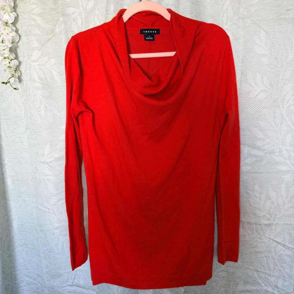 Trouve Women M Red Cowl Neck Tunic Sweater Long Sleeve Angora Blend‎ Side Slits